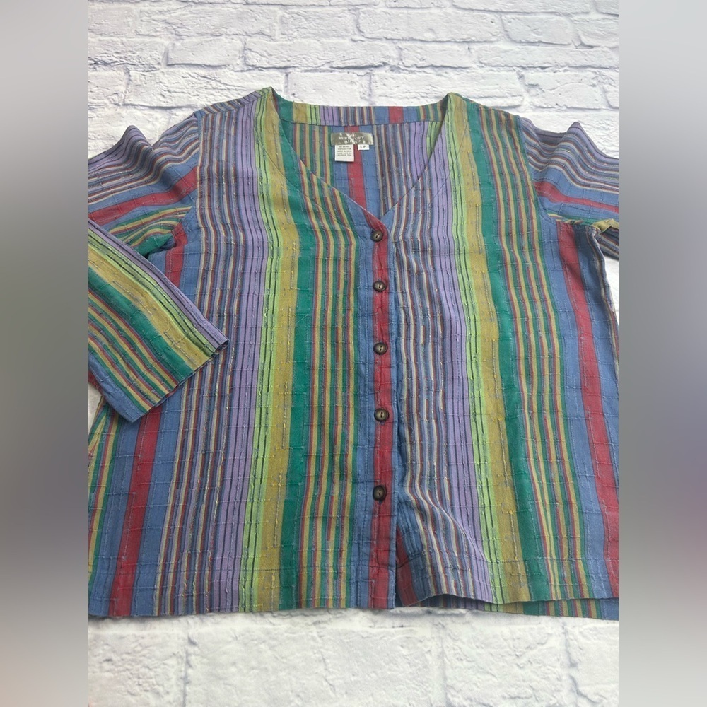 The Territory Ahead Multicolor Striped Shirt. Size LP. 3/4 Sleeves. Artsy.